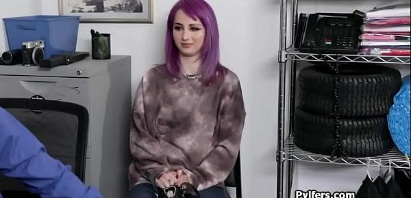  Inked purple haired cutie rides cock at the office